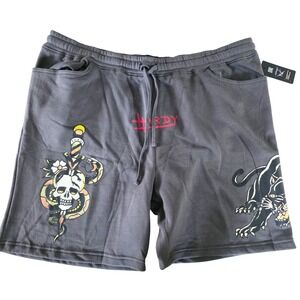 Ed Hardy Mens XXL Shorts Charcoal Panther‎ Skull Dagger Graphic Drawstring NWT